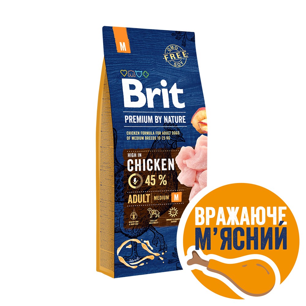 Корм сухой 15 кг для Взрослых собак Средних пород Весом 10–25 кг с Курицей Premium Dog Adult M Brit